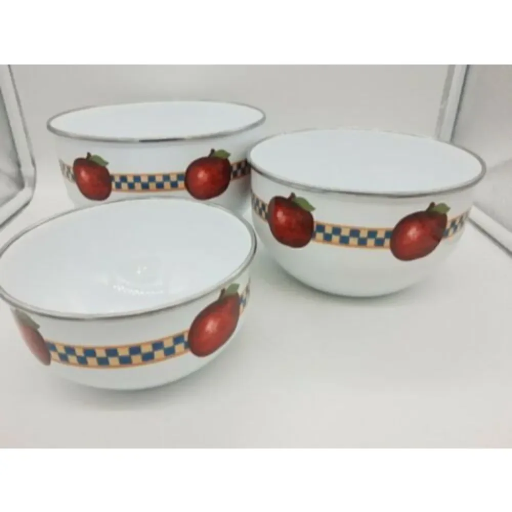 Set of 3 Retro Enamel Metal Nesting Bowls - Fruit Apples Checkered 🍎🍏